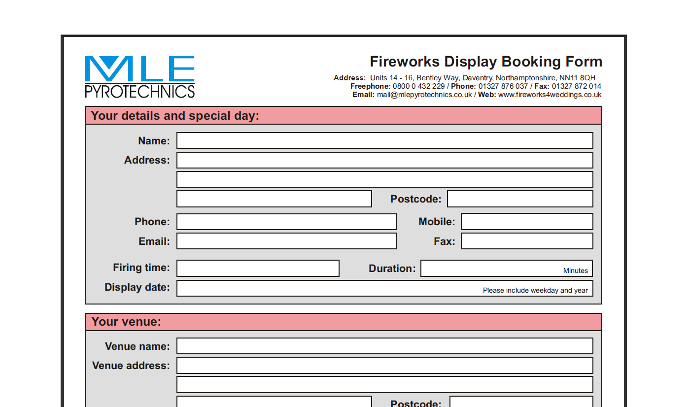 Wedding Fireworks Booking Form